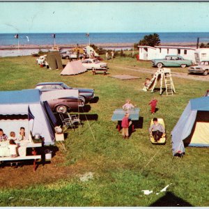 c1960s Bonaventure QC Postcard Camping Au P'tit Ruisseau Tents Vintage Car Gaspe