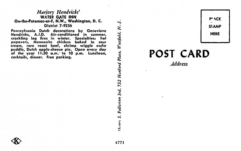 Washington DC Marjory Hendricks' Water Gate Inn Chrome Postcard Unused