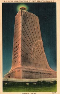 Vintage Postcard 1920's Wright Memorial By Night Kill Devil Hills North Carolina