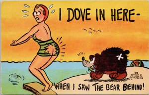 Comic Bear Woman Diving Swimmer 'When I Saw The Bear Behind' Kropp Postcard G52