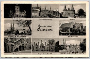 Vtg Gruss aus Lübeck Germany Greetings from 1950s Multiview Postcard