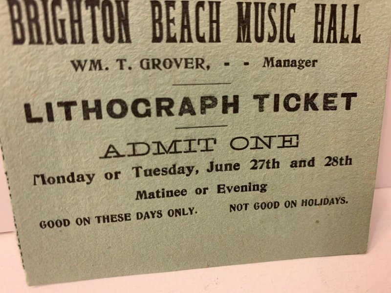 1890's BRIGHTON BEACH MUSIC HALL Coney Island New York NY Ticket