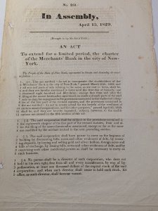 1829 NY Assembly Act Extending Merchants' Bank Charter Historic Document