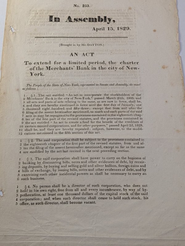 1829 NY Assembly Act Extending Merchants' Bank Charter Historic Document