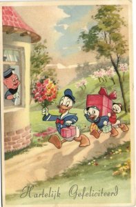 PC DISNEY, HUEY AND DEWEY DUCK, PIG, DONALD DUCK, Vintage Postcard (b27760)