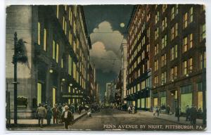 Penn Avenue Street Scene at Night Pittsburgh Pennsylvania 1914 postcard