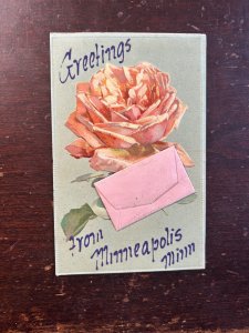 Vintage Greetings from Minneapolis Embossed Rose 1900s Postcard w/ Note