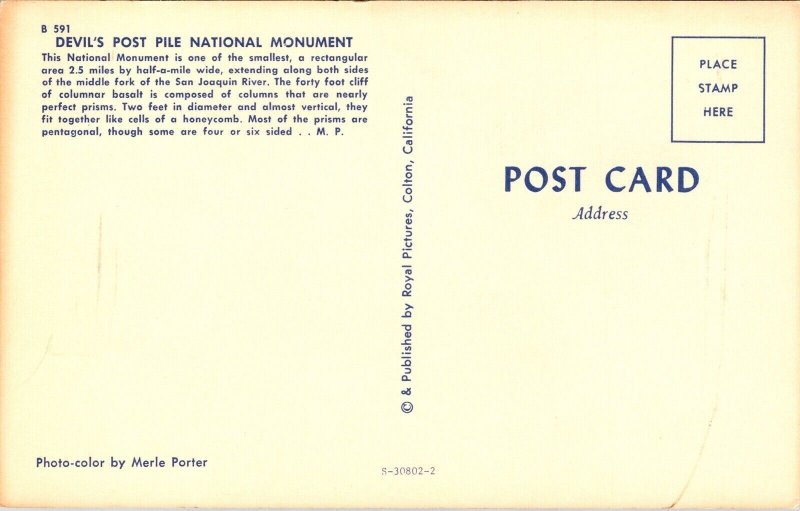 Devils Post Pile National Monument San Joaquin River Postcard VTG UNP Vintage  