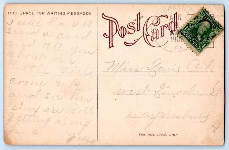 1908 A FULL MOON ROMANTIC KISING COUPLE ON CRESCENT MOON POSTCARD