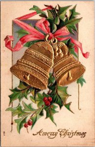 Merry Christmas Gold With Gold Bells and Flowers 1907