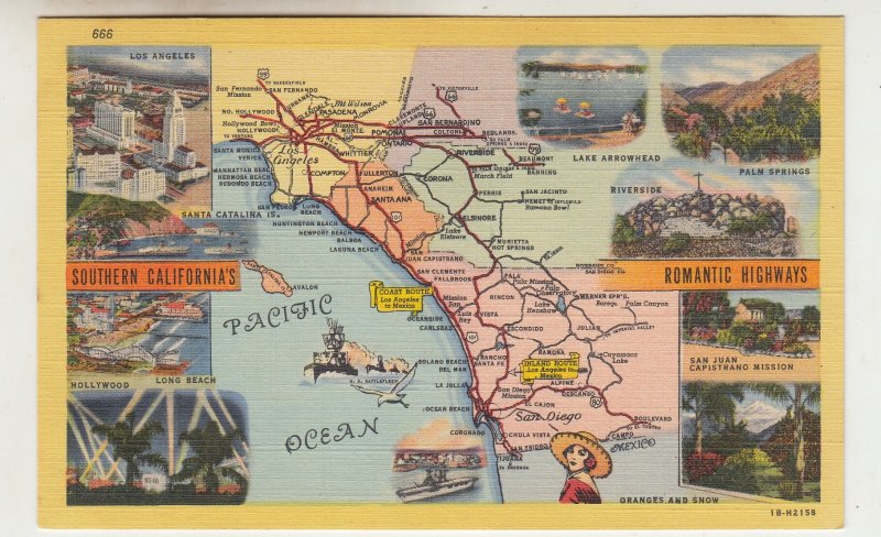 P2230 vintage postcard map & highways of southern calif with multi views