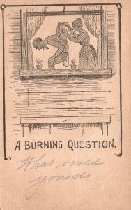 Vintage Postcard 1900's A Burning Question! Husband and Wife in the Window Comic