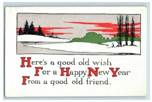 c.1910 Art Deco New Year Good Old Friend Vintage Postcard F50