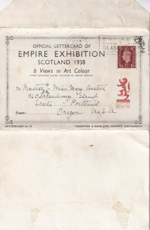 PU-1938; Official Lettercard Of Empire Exhibition, SCOTLAND