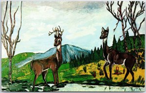 VINTAGE POSTCARD PAINTING OF DEER BY MOUTH OF ARTIST NYLA THOMPSON