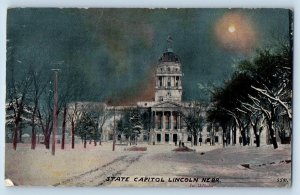 Lincoln Nebraska NE Postcard State Capitol At Night Snow Scenic View 1911 Moon