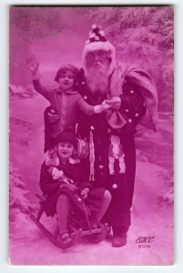 Santa Claus Outside With Children Christmas Postcard Old World Europe PINK Tone