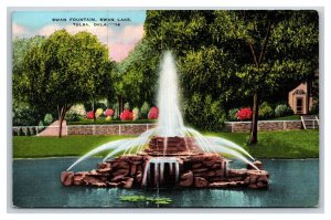 Swan Fountain Swan Lake Tulsa Oklahoma OK UNP Linen Postcard N21