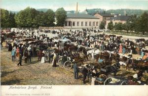 Early Vintage Printed Postcard Marketplace Borgå Finland Horses Wagons unposted