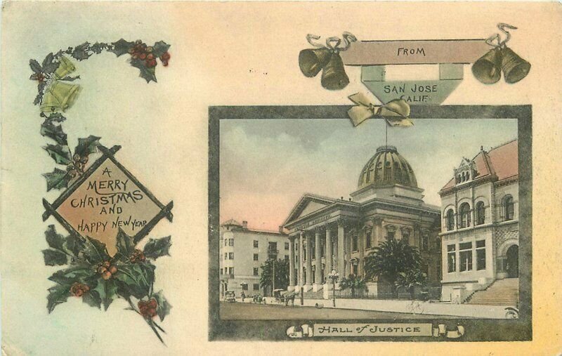 San Jose California hand colored Bendrendt Hall of Justice 1910 Postcard 21-6444