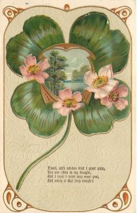 Embossed St Patricks Day Postcard Clover Bucolic Scene  PFB 6499 Nouveau Border