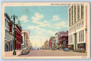 1940 Hamilton Ohio Vintage Postcard High Street Looking West Store Shop Building