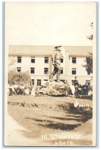 c1918 Pioneer Statue M. Schwarz University Of Oregon Eugene RPPC Photo Postcard