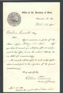 1864 Letter From Sec'y Of State Concord NH No Envelope Neat & Clean