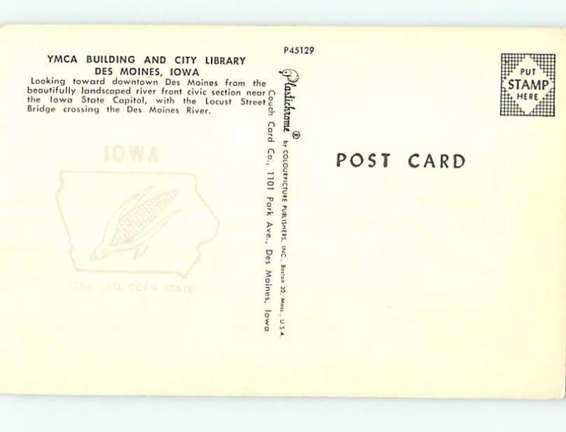 Unused Pre-1980 YMCA & CITY LIBRARY Des Moines Iowa IA H4308