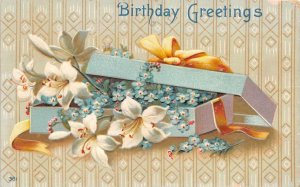 BIRTHDAY Greetings BOXED EASTER LILIES & BLUE FLOWERS  c1910's Embossed Postcard