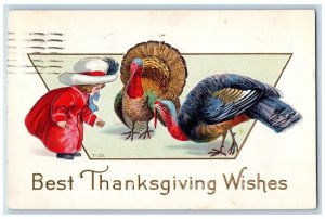 1914 Thanksgiving Wishes Girl And Turkeys Embossed Cincinnati Ohio OH Postcard