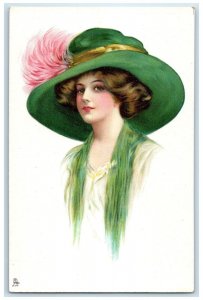 c1910's Pretty Woman Big Hat Feather My Lady Fair Tuck's Antique Postcard