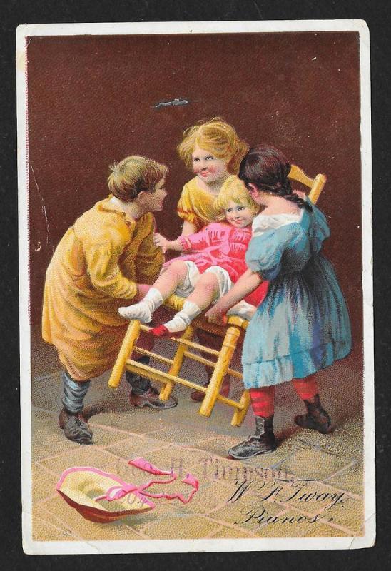 VICTORIAN TRADE CARD Tway Pianos Kids Playing w/Chair
