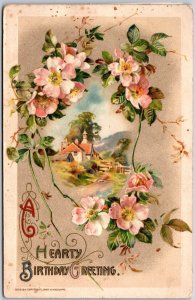A Hearty Birthday Greeting, Countryside House, Frame In Pink Flower, Postcard