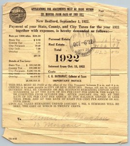 1922  New Bedford  Massachusetts  Tax  Receipt  6 x 6