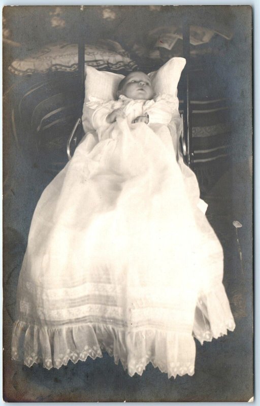 c1910s ID'd Baby Girl Portrait RPPC Real Photo Stroller Gwen Clemings A151