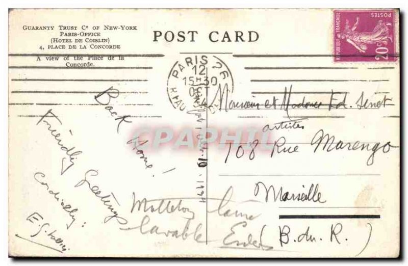Postcard Old Paris Hotel Coislin Concorde Square