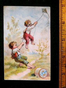 1870s-80s Cute Kids Holding On To Kite ONT Clark's Spool Cotton Trade Card F25