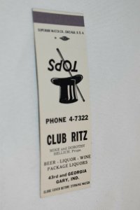 Club Ritz Top Hat and Cane Gary Indiana 20 Strike Matchbook Cover