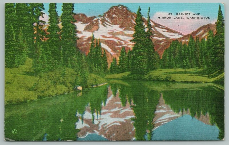 Washington~Mt Rainier & Mirror Lake~Vintage Postcard