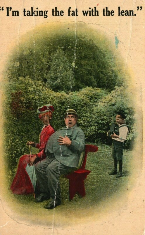 Vintage Postcard 1914 I'm Taking the Fat With the Lean Man & Woman Sitting Bench