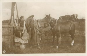 Hungarian types love at the well folk costumes 1928 horse photo postcard Hungary 