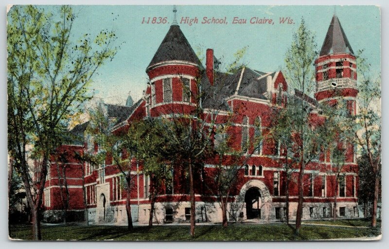 Eau Claire Wisconsin~High School Close Up~Round Corner Towers~Arch Door~c1910 