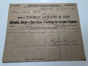 1898 Thomas Jackson & Son Mfr Jute Rope Steam Engine Reading PA Bill Letterhead