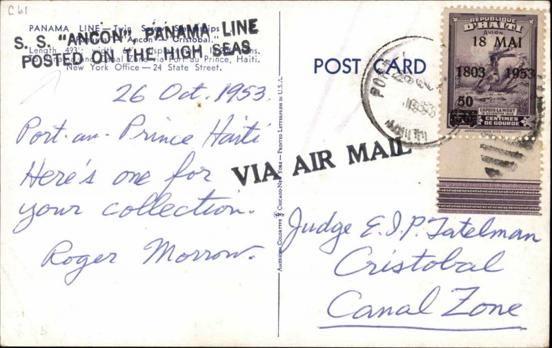 Panama Line Steamship SS ANCON Posted on High Seas USED Postcard