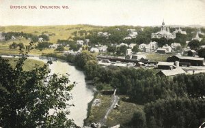 Darlington Wisconsin Bird's Eye View River Buildings and Trails Vintage Postcard