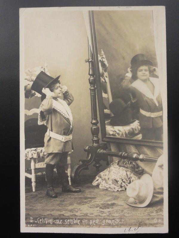 French Set of 5 SMALL CHILD PLAYING AT DRESSING UP IN FRONT OF MIRROR c1903 UB