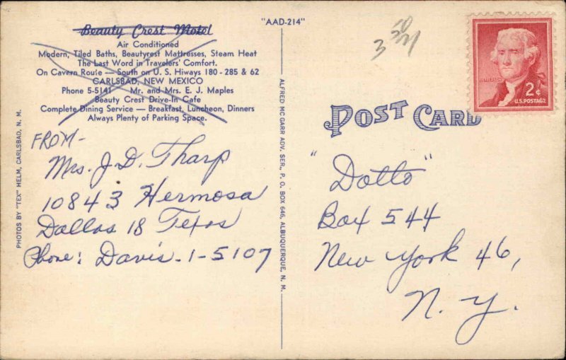 Carlsbad New Mexico NM Beauty Crest Motel Drive In & Caf� 1930s-40s Vintage PC