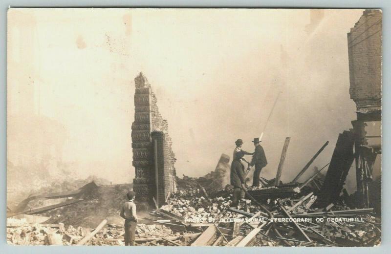 Decatur Illinois~Three Men Hold Fire Hose~Boy Watches~1909 Smoking Ruins~RPPC 