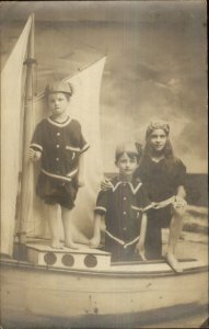 Kids Pose Sailboat Bare Feet Barefoot WILDWOOD NJ Studio Real Photo Postcard